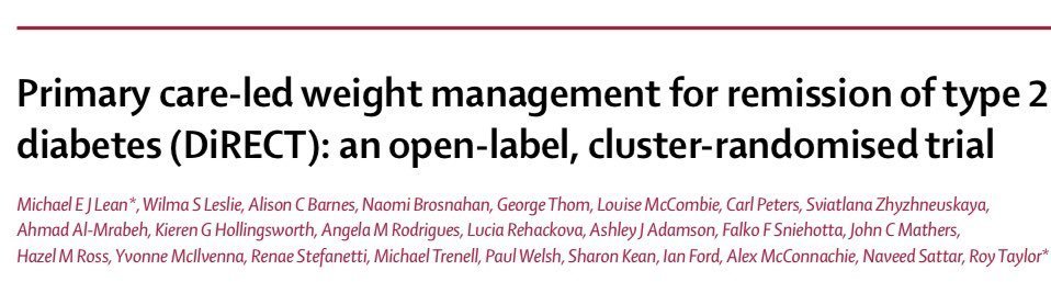 Título do artigo do estudo DiRECT: “Primary care-led weight management for remission of type 2 diabetes (DiRECT): an open-label, cluster-randomised trial”